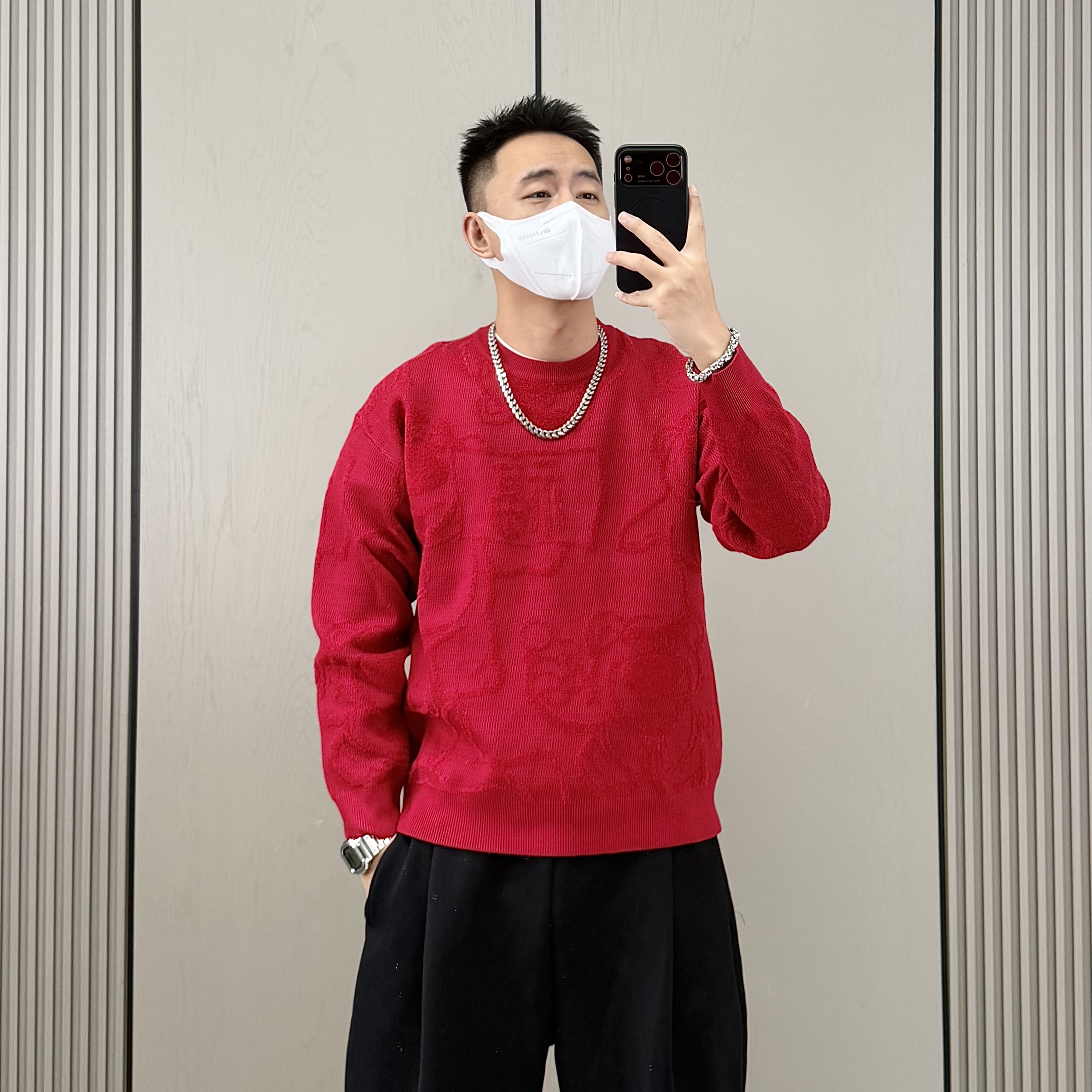 红色本命年圆领套头毛衣男秋冬季