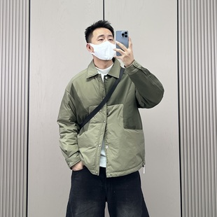 梅一天拼接设计感翻领轻薄款 轻便舒适保暖白鸭绒外套 羽绒服男冬季