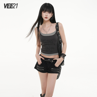 小吊带上衣背心女带胸垫音乐节辣妹穿搭 Vee21夏日绝美假两件泰式