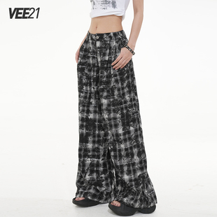 Vee21夏日宽松慵懒风阔腿裤 酷飒拽姐痞帅风穿搭 女夏薄款 格子长裤