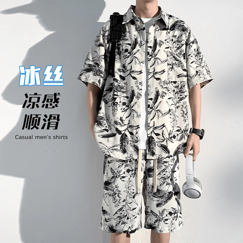 冰丝沙滩衬衫套装男夏季潮流宽松