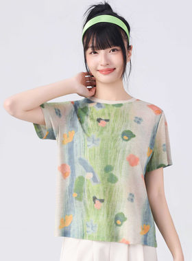 梦瑞丽6099-1印花短袖t恤女花彩色正肩圆领上衣百搭洋气夏季体恤