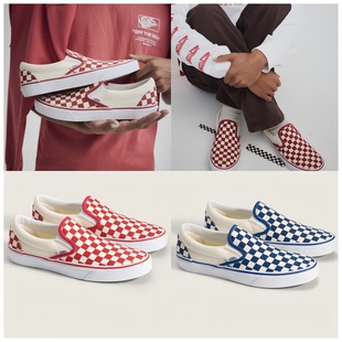 VANS范斯Slip-On红蓝棋盘格一脚蹬男女复古休闲帆布鞋板鞋EACR30