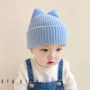 宝宝帽子秋冬季可爱超萌猫耳朵纯色婴幼儿童护耳帽针织毛线套头帽