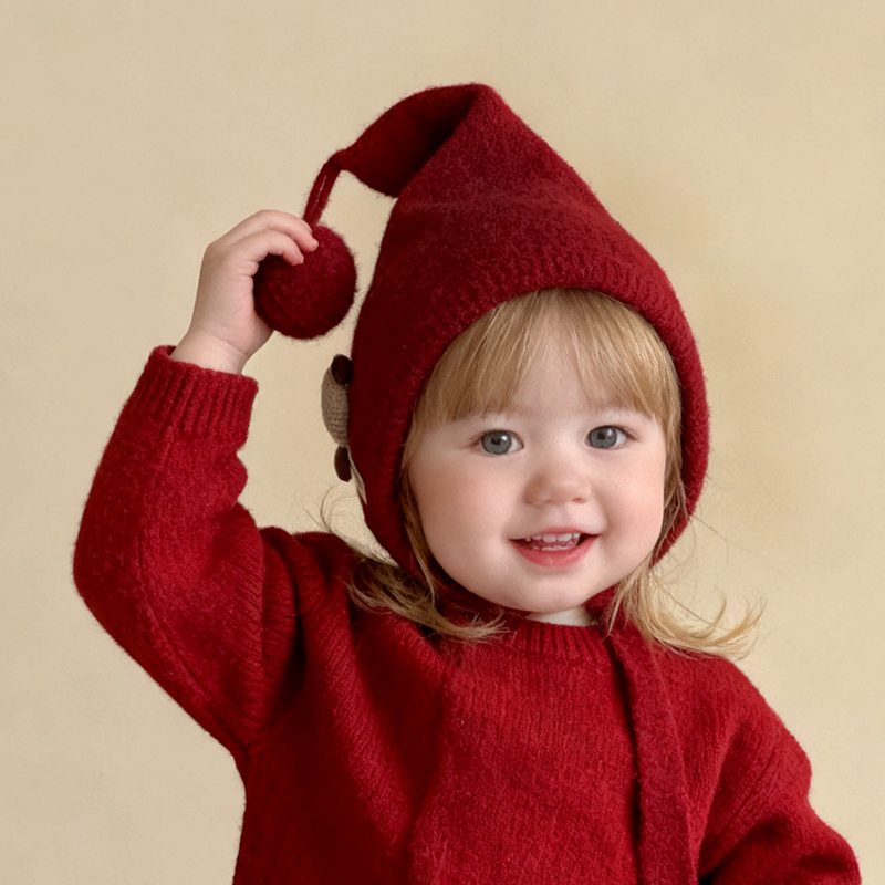 宝宝帽子冬季防风保暖毛线帽女童洋气精灵帽男宝巫师帽针织护耳帽