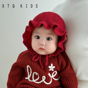 婴儿毛线帽洋气公主帽秋冬保暖护耳帽男女宝宝小月龄针织包脸帽子
