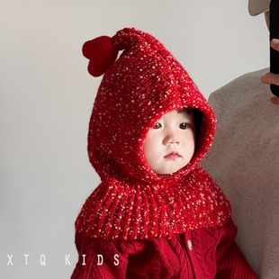 新年红色帽子围巾披肩一体婴幼儿男女宝宝秋冬季护耳精灵帽圣诞帽