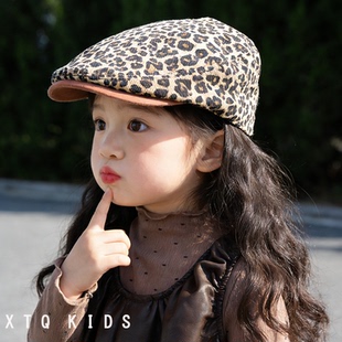 儿童帽子复古豹纹前进帽显脸小百搭贝雷帽四季通用女宝宝鸭舌帽子