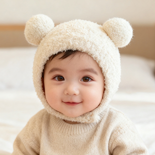 婴儿帽子秋冬季针织帽男女童护耳珊瑚绒包耳帽超萌宝宝毛绒护耳帽