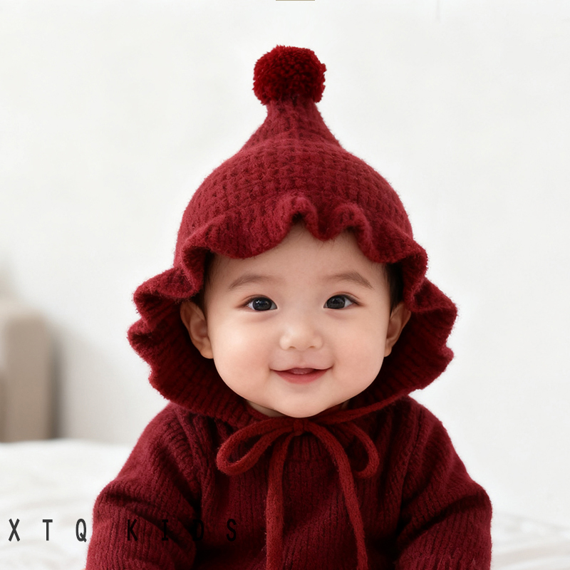 婴儿毛线帽可爱球球洋气尖尖精灵帽小月龄宝宝冬季保暖针织护耳帽