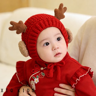 宝宝毛线护耳帽可爱超萌鹿角卡通小月龄婴幼儿童套头毛线帽保暖潮