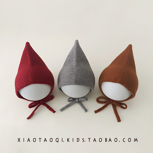 婴儿帽子秋冬新款针织帽男女宝宝洋气纯色精灵帽小月龄毛线包耳帽