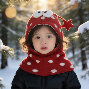 宝宝帽子围巾一体帽冬季保暖防风披肩帽男女儿童超萌红色护耳帽潮