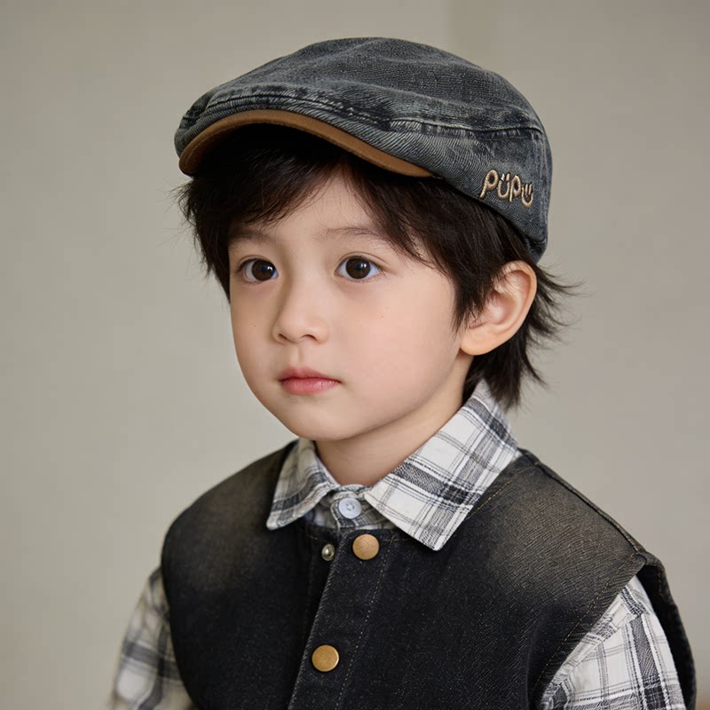儿童春秋牛仔鸭舌帽男宝帅气百搭字母贝雷帽小月龄男童复古前进帽