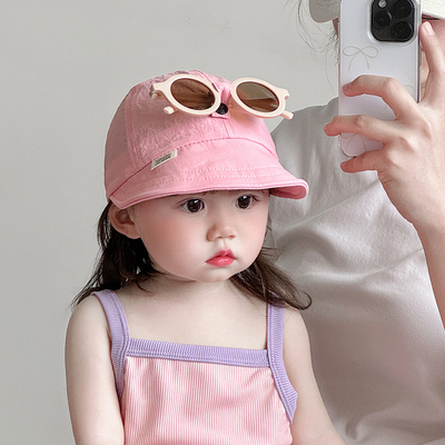 女宝宝遮阳防晒帽带墨镜小月龄婴幼儿太阳帽2025新款大帽檐速干帽