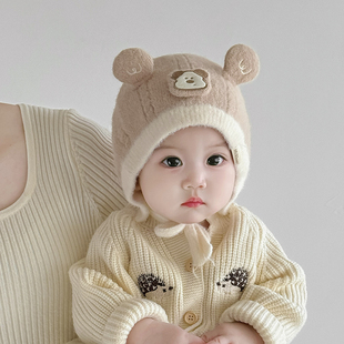 婴儿帽子超萌小熊毛绒帽宝宝秋冬季套头护耳帽儿童系绳防风包耳帽