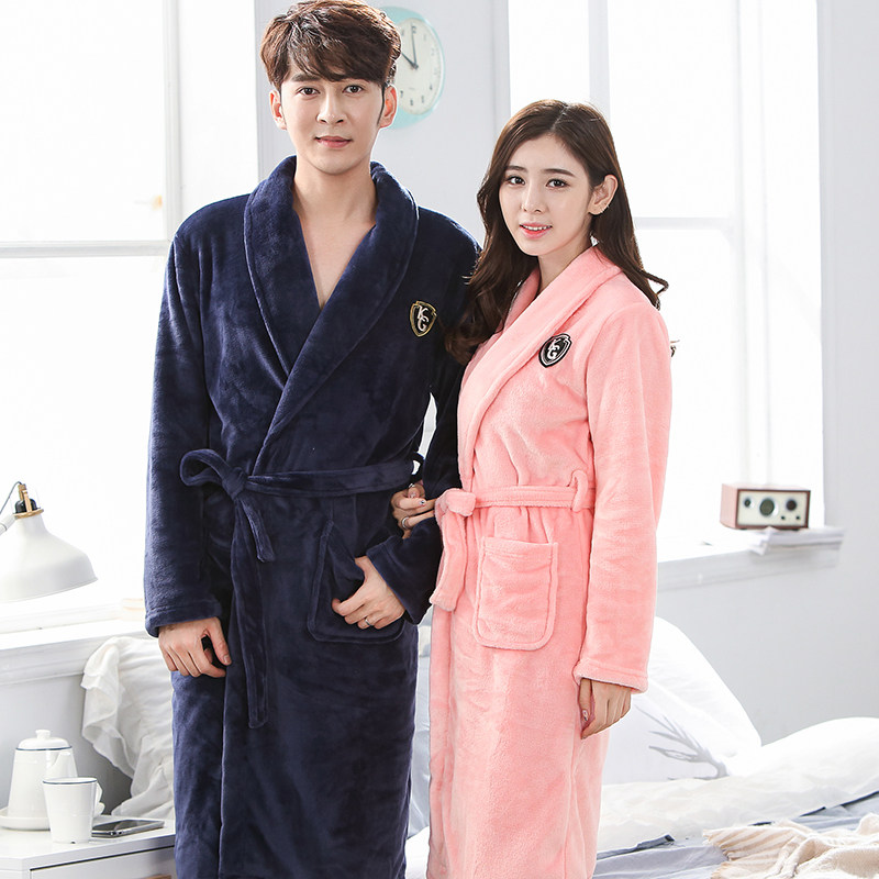 中长款睡袍法兰绒加绒情侣睡衣厚款大码浴袍珊瑚绒男女款时尚居家