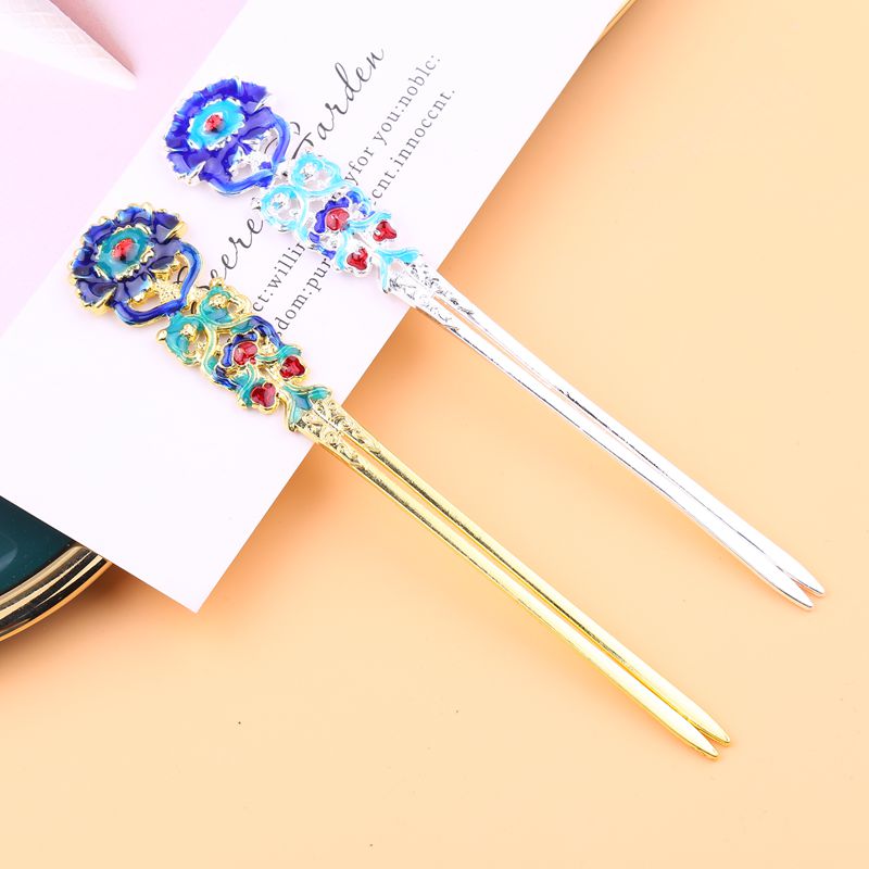 diy饰品配件古风宫廷发簪步摇材料双面滴油景泰蓝烧蓝2排发簪材料