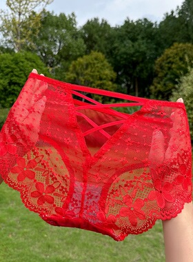 【90-200斤】新款红色女士内裤本命年喜庆性感镂空蕾丝边透气内裤