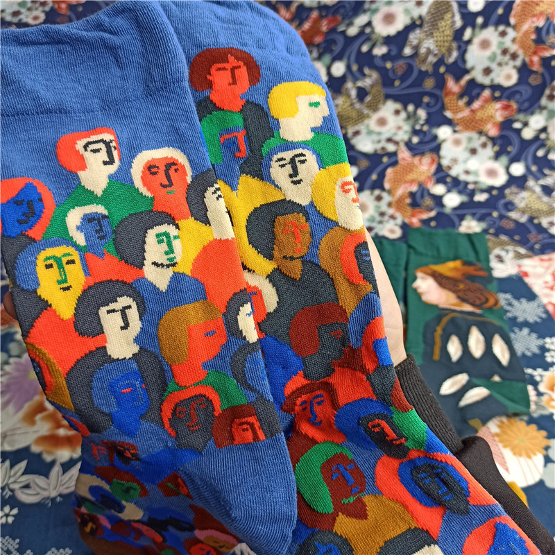 袜子铺子法国设计师高端人物潮袜男女居家AB纯精梳棉袜200针中筒,女士内衣/男士内衣/家居服,中筒袜,淘宝优惠券,粉丝福利购,淘宝优惠卷