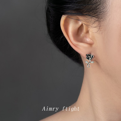 黑玫瑰！手工画油设计感迷你花朵耳钉微镶锆石高级感气质花朵耳饰