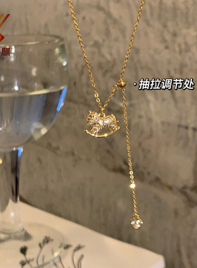 韩系闪锆金色小马抽拉项链女轻奢高级感锁骨链小众颈链配饰毛衣链