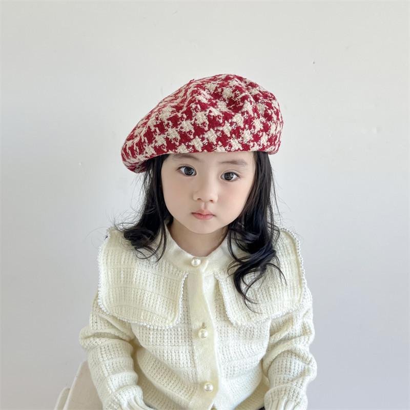 儿童针织贝雷帽子秋冬季日系男女童画家帽新款红色保暖毛线帽