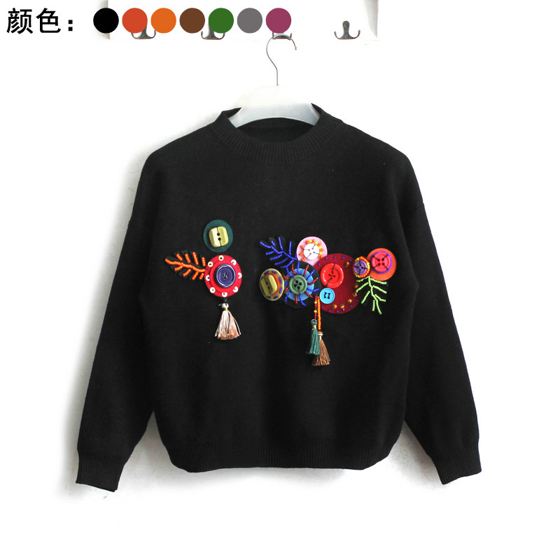2018秋冬新品 半高领彩色纽扣钉珠流苏貂绒厚实宽松针织衫毛衣