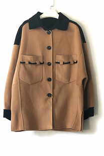 秋冬新款高端小香风衬衫领拼接宽松中长款羊毛羊绒双面呢大衣外套