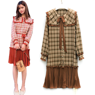 专柜品牌撤柜折扣依系列2020春装 减龄大方领系带格子百褶摆连衣裙