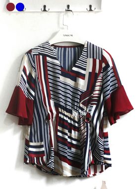 国内品牌永菲E夏装条纹拼接喇叭袖V领显瘦宽松雪纺衫上衣2B102001