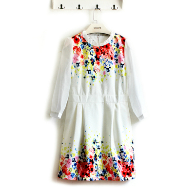 国内专柜品牌撤柜 杉系列秋装木耳边圆领花朵提花修身连衣裙