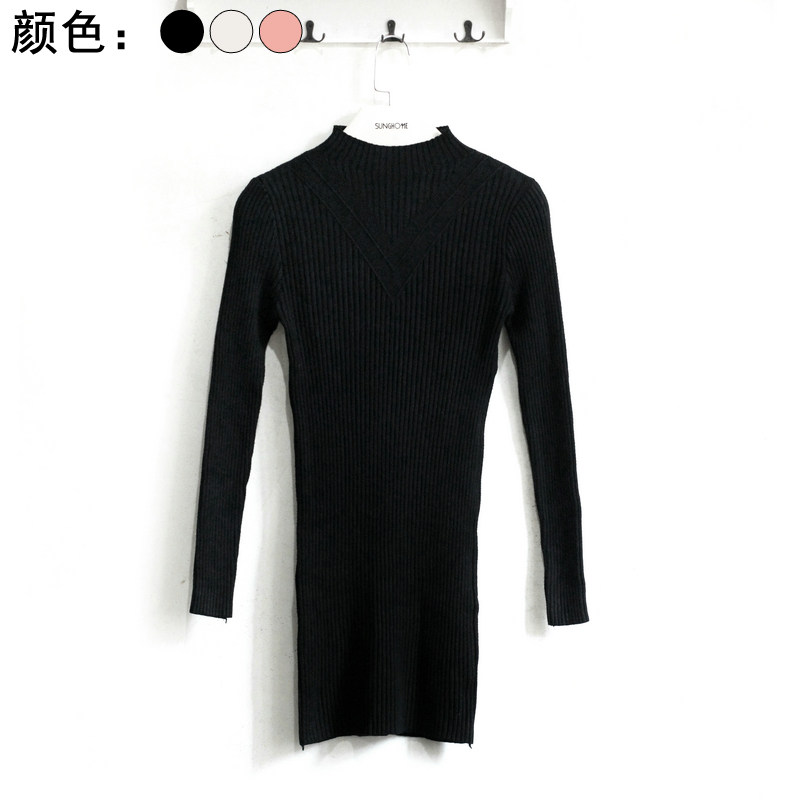 秋冬新品 韩范半高领V型竖坑条纹加厚厚实中长款丝光棉打底针织衫