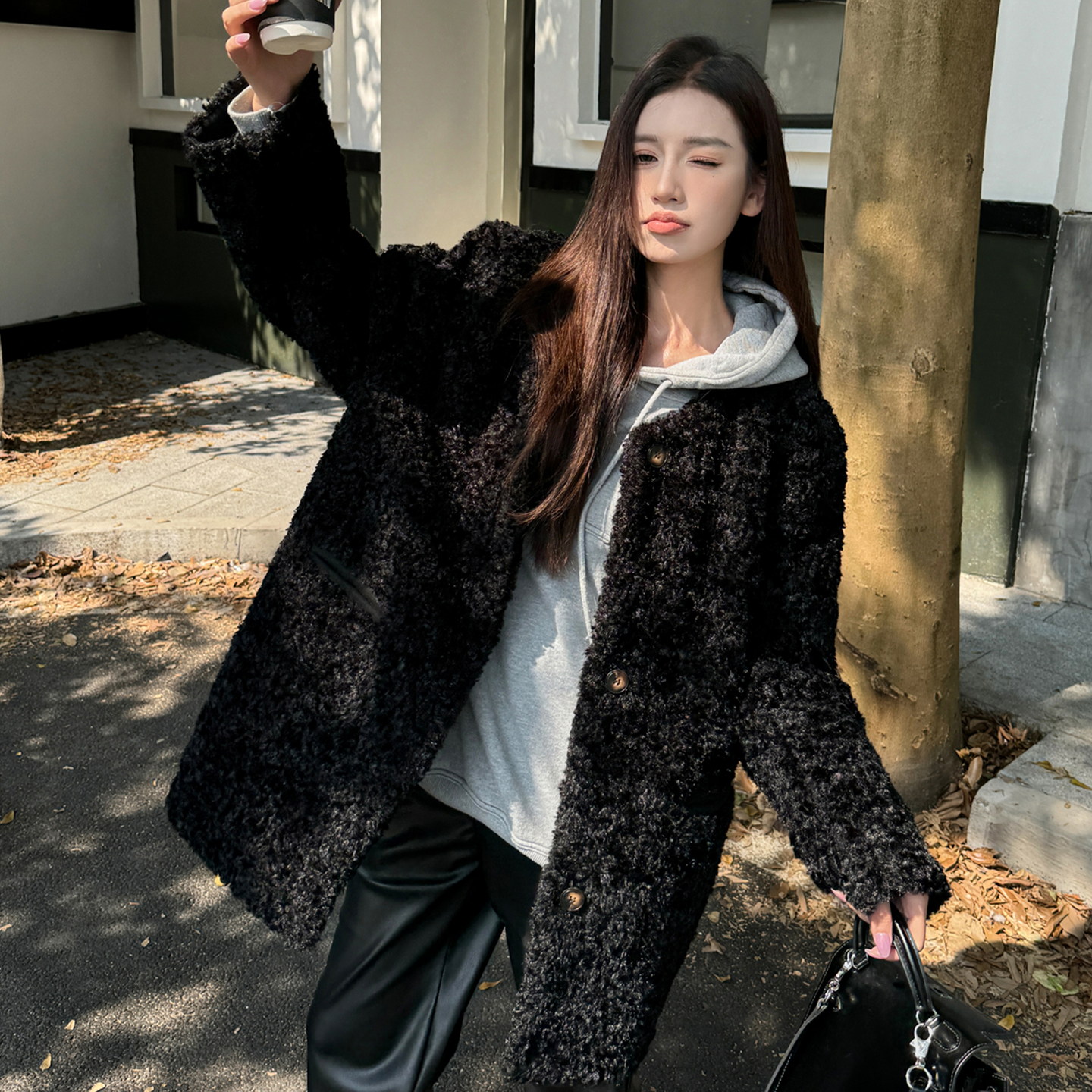 羊羔毛外套女2025新款皮毛一体中长款冬季小个子毛茸茸皮草大衣