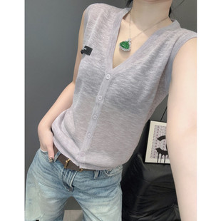 V领无袖背心女冰丝针织衫叠穿罩衫外搭宽松竹节棉麻开衫上衣夏天v