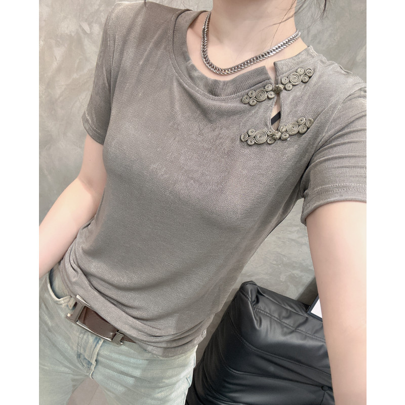 国风改良盘扣圆领短袖T恤女