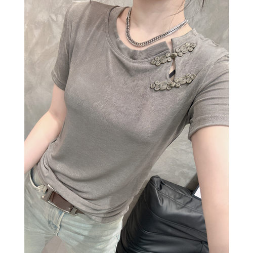 国风改良盘扣圆领短袖T恤女