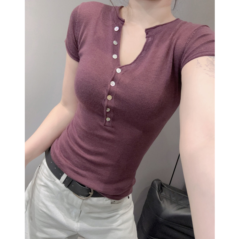 半开领短袖女冰丝针织衫性感V领