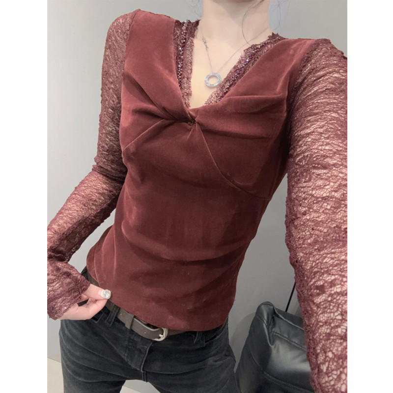 扭结V领长袖T恤女丝绒打底小衫