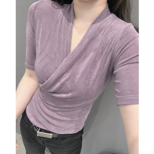 纯欲V领交叉短袖T恤女