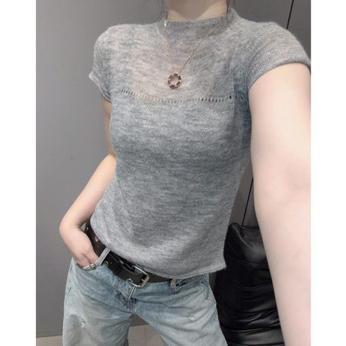 立领短袖女冰丝针织衫紧身打底衫