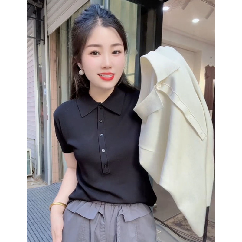 半开领短袖女冰丝针织衫修身翻领图片