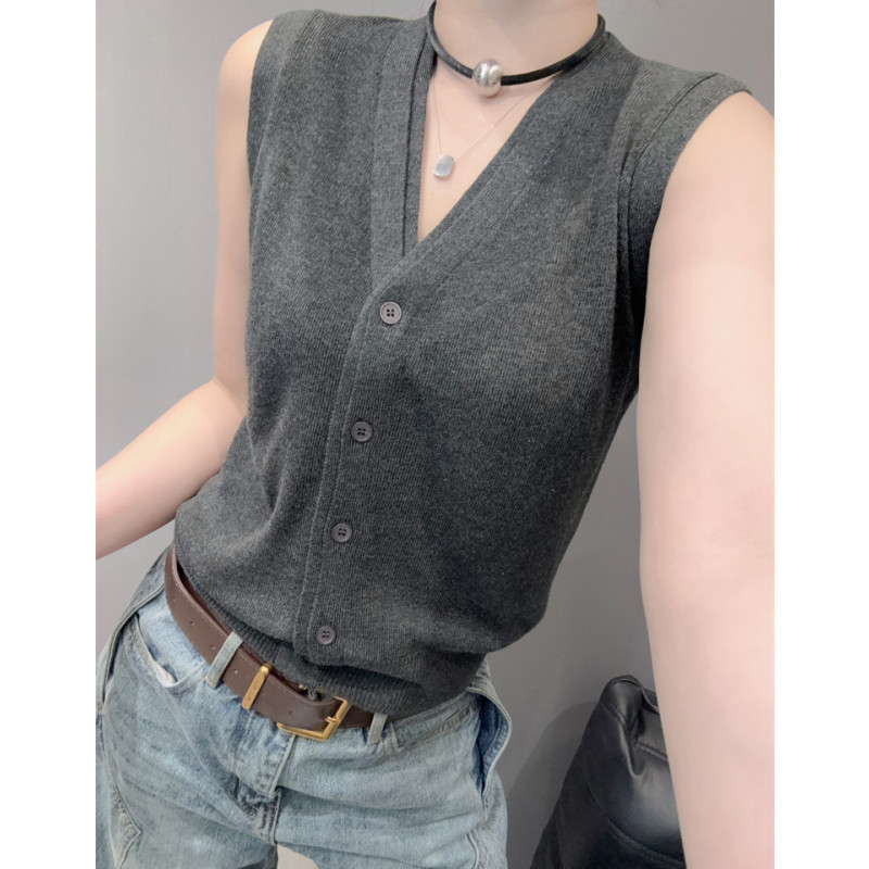 背心开衫女冰丝针织衫设计感独特百搭洋气修身V领无袖上衣夏欧货