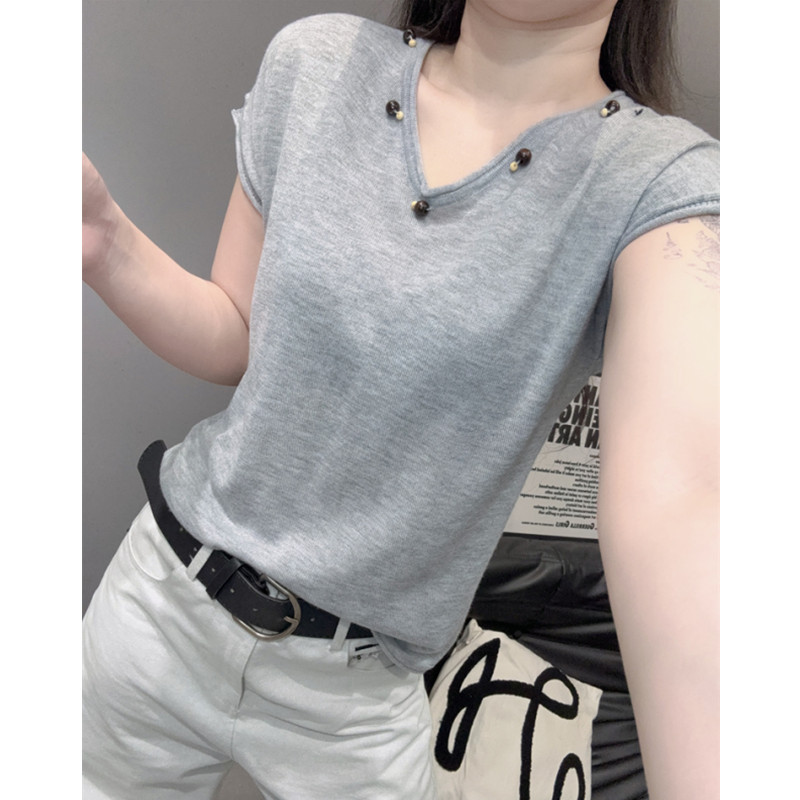 时尚钉珠V领短袖女冰丝针织衫独特别致洋气百搭宽松显瘦上衣夏季