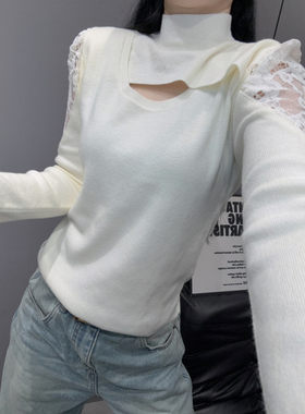 高领针织衫长袖女性感镂空打底衫