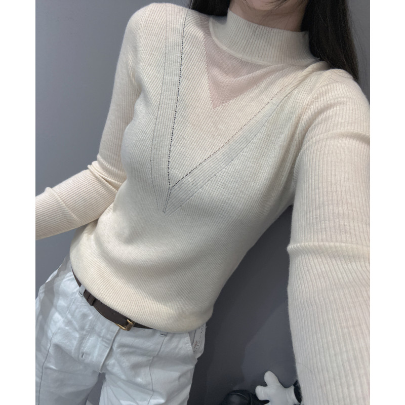 秋冬款拼接网纱针织衫长袖女
