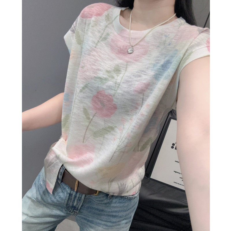 凉爽竹节麻短袖女冰丝针织衫洋气印花百搭显瘦宽松小飞袖上衣夏天