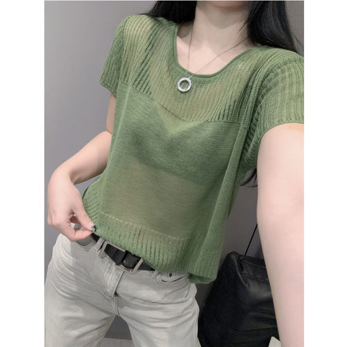 提花条纹短袖女冰丝针织衫宽松