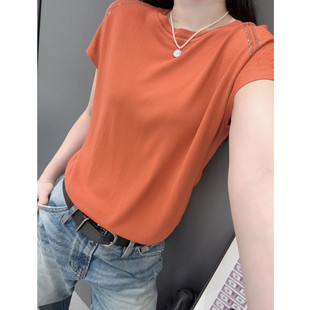 欧货洋气百搭宽松显瘦遮肚子上衣夏天 女冰丝针织衫 小飞袖 烫钻短袖