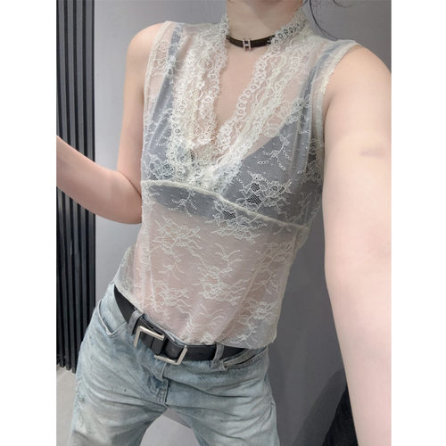 网纱蕾丝V领背心女无袖修身微透